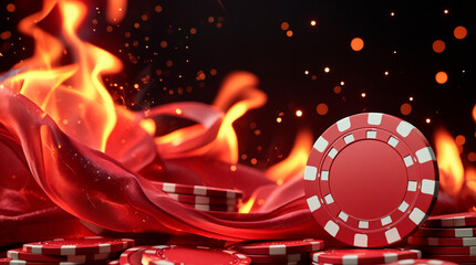 Red casino chips with bright flames on black background, horizontal banner, free space for text, copy space