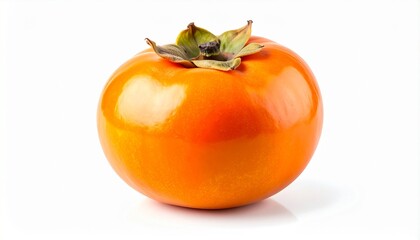 Ripe Persimmon with Leafy Calyx on White Background Symbolizing Freshness and Editorial Styling for Culinary and Lifestyle Use