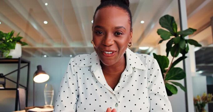 Video call, face or woman in office with laugh, marketing pitch or positive feedback from client. Bokeh, POV or consultant in agency with smile, online meeting or good news on campaign update.