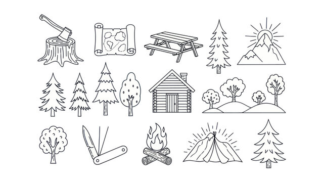 Camping and outdoor recreation vector set with trees and camping equipment