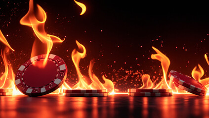 Red casino chips with bright flames on black background, horizontal banner, free space for text, copy space