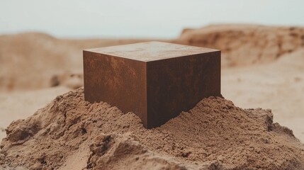 Metal block sits on sandy ground in a barren landscape under an overcast sky during daylight