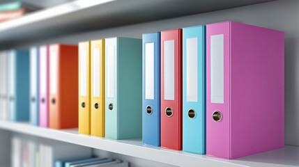 Brightly colored office ring binders lined up on a white shelf