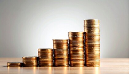 Stacks of Gold Coins in Ascending Order on Wooden Surface Symbolizing Financial Growth and Editorial Styling for Investment and Lifestyle Use