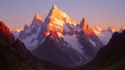Dramatic mountain range illuminated by golden sunset light at dusk