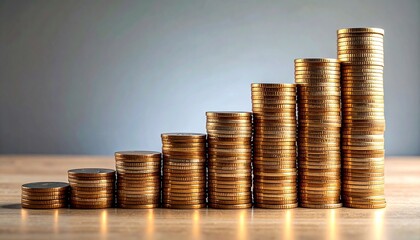 Stacks of Gold Coins in Ascending Order on Wooden Surface Symbolizing Financial Growth and Editorial Styling for Investment and Lifestyle Use
