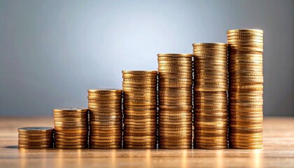 Stacks of Gold Coins in Ascending Order on Wooden Surface Symbolizing Financial Growth and Editorial Styling for Investment and Lifestyle Use