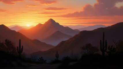 Dramatic desert sunset over mountain range with silhouetted cactus landscape
