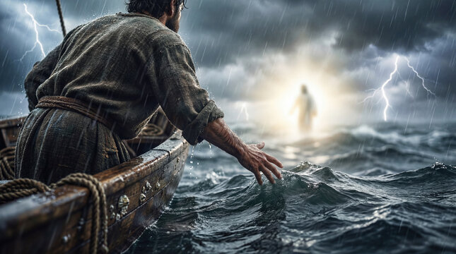 Biblical scene of Peter reaching out from a boat on a stormy sea towards the glowing silhouette of Jesus walking on water. Concept of faith, trust and miracles in the New Testament.