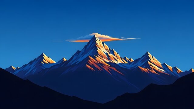 Dramatic mountain range peak illuminated by golden sunset light and clouds - Powered by Adobe