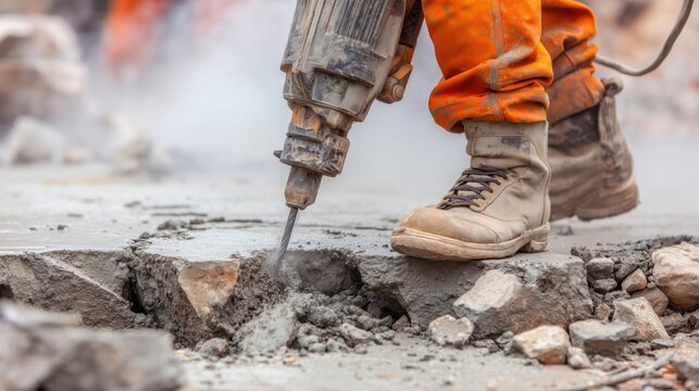 Worker using a jackhammer to break concrete pavement