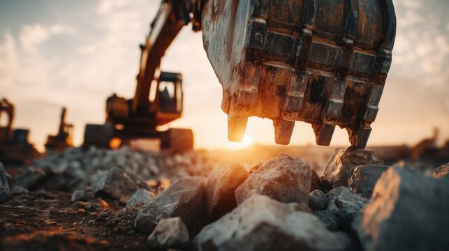 Close-up of an excavator bucket touching down on rocks at sunset