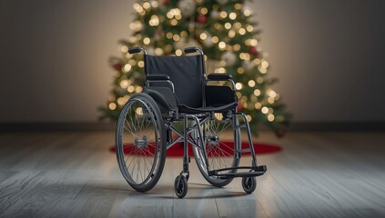 
A wheelchair in front of a Christmas tree