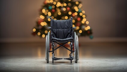 
A wheelchair in front of a Christmas tree