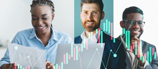 Three diverse business professionals review documents and discuss strategies in a bright office. They are focused on financial growth, collaborating effectively, and showcasing teamwork.