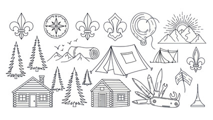 Camping and scouting elements set in linear style for design and print