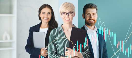Three business professionals stand together in a stylish office space, smiling and holding tablets and clipboards. Background features colorful charts indicating growth and success.
