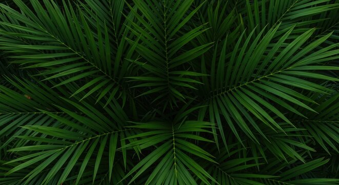 A dense pattern of vibrant green palm fronds creating a lush, organic, and beautiful natural tropical backdrop texture perfect for design ,nature ,shadow ,travel