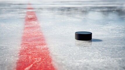 Hockey puck on ice next to a wide red line