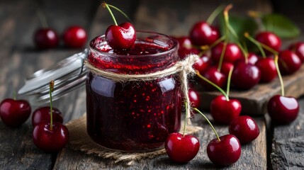 Rustic jar of homemade cherry jam with fresh ripe cherries on dark wooden background, showcasing vibrant red color, natural texture, and artisanal food styling for culinary and organic product themes