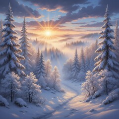 
A serene winter landscape featuring a peaceful snow-covered forest at dusk. Tall evergreen trees are blanketed with snow under a colorful sky, and soft light casts long shadows across the untouched 