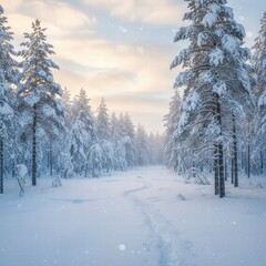 
A serene winter landscape featuring a peaceful snow-covered forest at dusk. Tall evergreen trees are blanketed with snow under a colorful sky, and soft light casts long shadows across the untouched 
