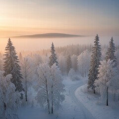 
A serene winter landscape featuring a peaceful snow-covered forest at dusk. Tall evergreen trees are blanketed with snow under a colorful sky, and soft light casts long shadows across the untouched 