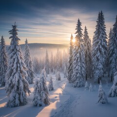 
A serene winter landscape featuring a peaceful snow-covered forest at dusk. Tall evergreen trees are blanketed with snow under a colorful sky, and soft light casts long shadows across the untouched 