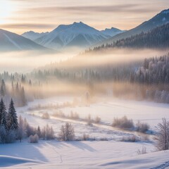 
A serene winter landscape featuring a peaceful snow-covered forest at dusk. Tall evergreen trees are blanketed with snow under a colorful sky, and soft light casts long shadows across the untouched 
