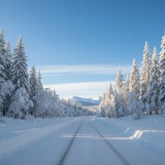 
A serene winter landscape featuring a peaceful snow-covered forest at dusk. Tall evergreen trees are blanketed with snow under a colorful sky, and soft light casts long shadows across the untouched 