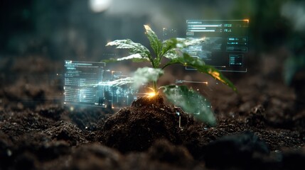 Sprouting plant glowing through soil with futuristic holographic UI overlays, nature meets technolog