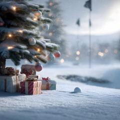 Christmas tree closeup with gifts on snowy golf course with golf ball lying in the snow and golf flag in the background. Concept of resting golf sport during Christmas time.