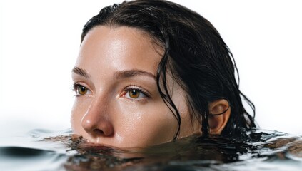 Young caucasian female partially submerged in water with wet hair and reflective eyes
