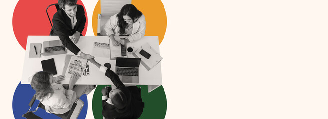Plakat Group of professionals participate in a meeting around a table, discussing ideas while sharing documents and using laptops.