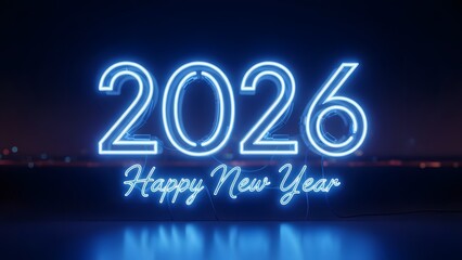 A vibrant blue neon sign displaying '2026 happy new year' on a dark background