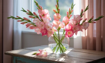 Pink Gladioli Clear Vase Sunlight