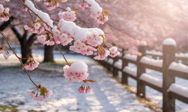 Pink cherry blossoms covered in snow, a gentle winter scene