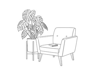 Fototapeta premium Modern armchair with a potted plant and a book on a table 