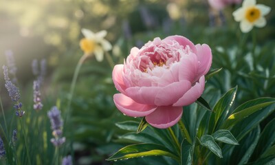 Pink peony in garden setting, bathed in sunlight
