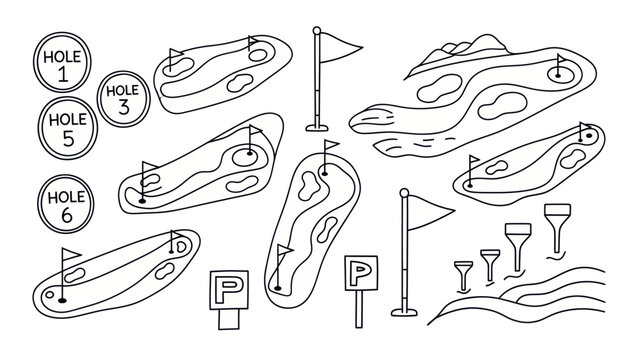 Golf course elements isolated illustrations of flags holes and course layouts