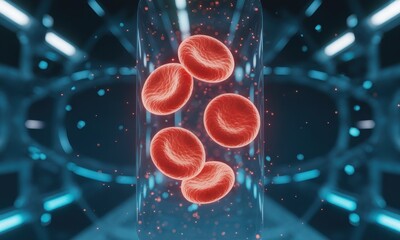 Red blood cells in a futuristic tube.  Abstract, glowing, scientific, medical image of several red blood cells suspended in a clear tube, highlighted against a dark, futuristic backdrop