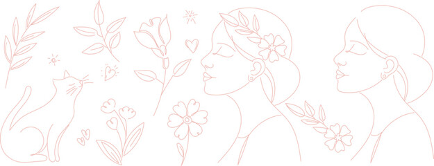 Set of minimalist line art feminine elements