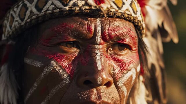Extreme closeup macro of indigenous man with red and white face paint. Feather headdress on native american elder. Traditional tribal portrait capturing cultural identity and heritage concept.