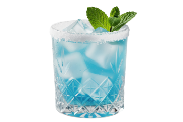 blue winter wonderland cocktail with mint garnish and sugar rim in a crystal glass