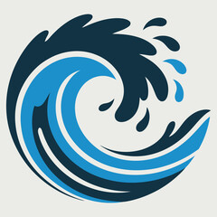 A vibrant stylized blue ocean wave with dynamic splashing water droplets creates an energetic marine graphic illustration