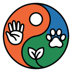 Colorful yinyang symbol illustration depicting human hand animal paw and plant leaves representing ecological harmony and global balance in vector art
