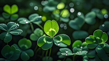 Green spring background with three leaved shamrocks, St Patrick's day holiday symbol, spring concept, Earth Day