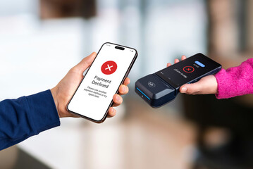 Mobile payment fails during NFC tap-to-pay interaction, showing red decline screens on both devices as customer attempts a contactless transaction at the POS terminal