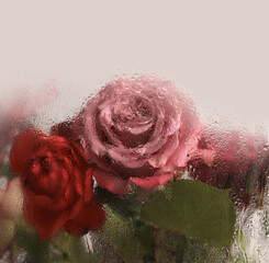 Smoke soft focus beige red, pink Rose Flower, leaf through glass with wet flow water drops. Abstract natural blur background.