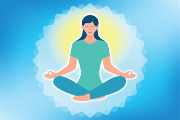 Woman meditating in lotus pose glowing aura